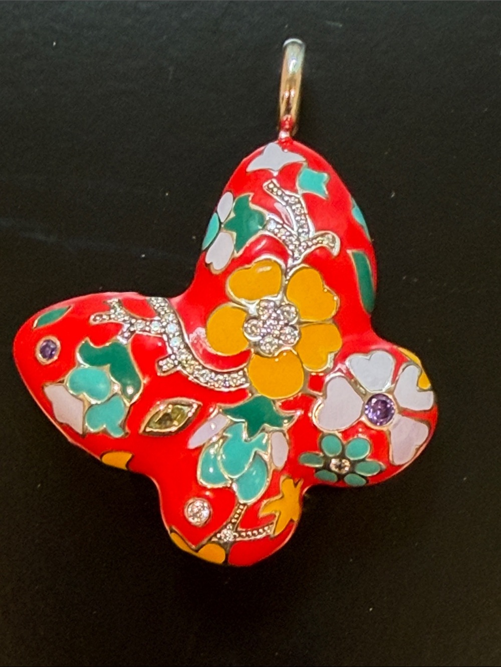 Silver Red Floral Enamel Butterfly Pendant